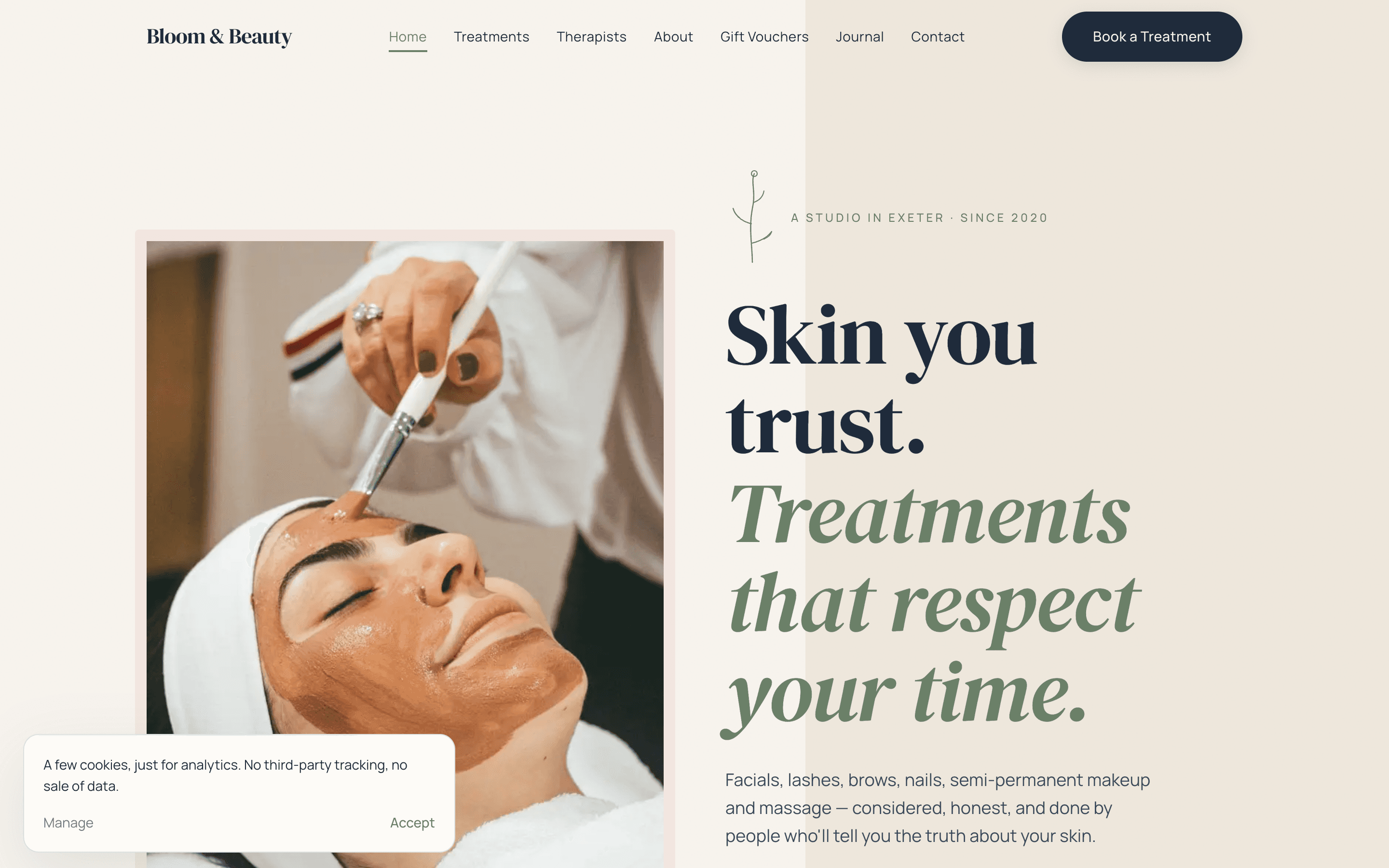 Bloom & Beauty homepage — beauty studio & day spa site built by Meridian Digital