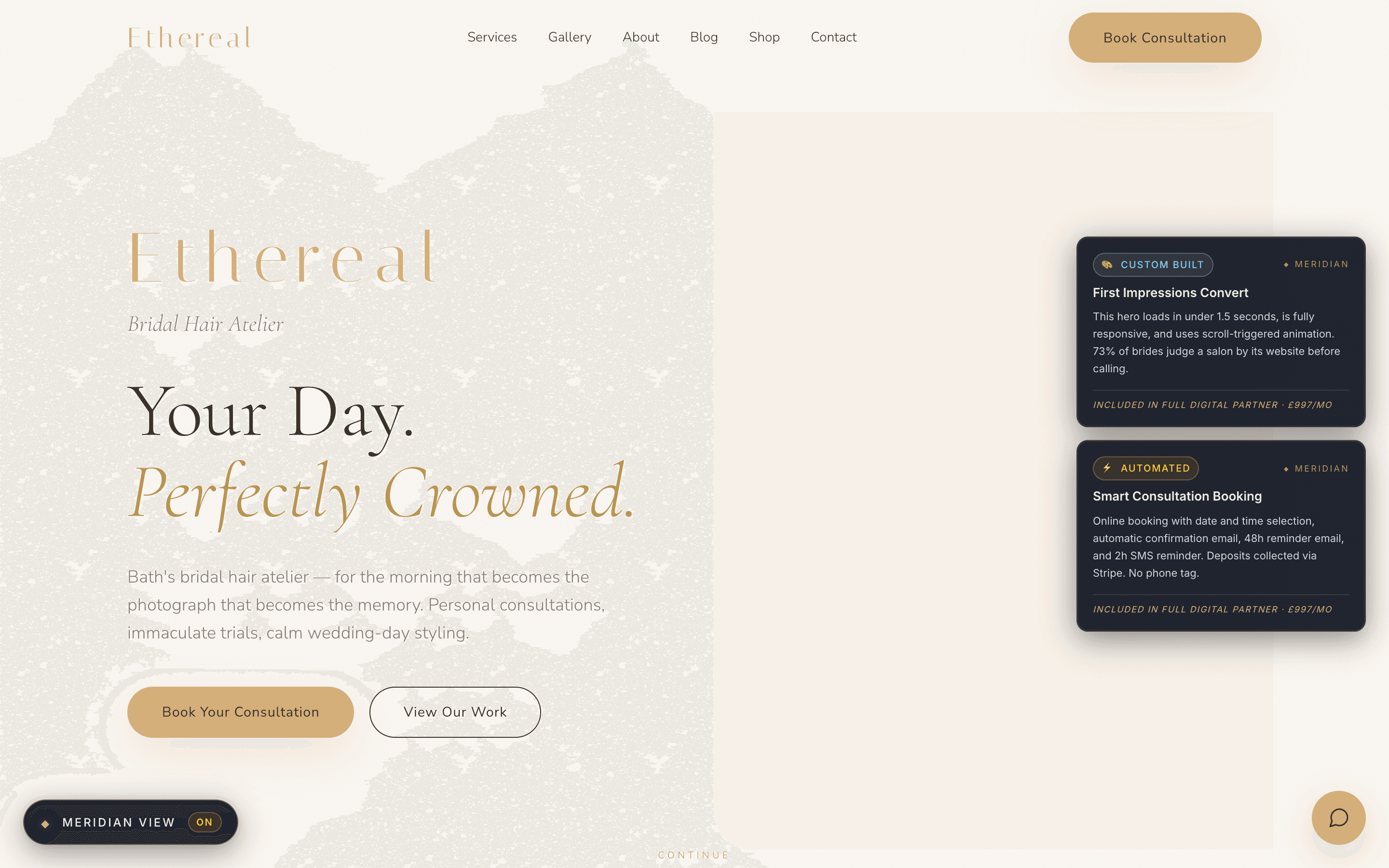 Ethereal homepage — luxury bridal hair atelier · sales-demo build site built by Meridian Digital
