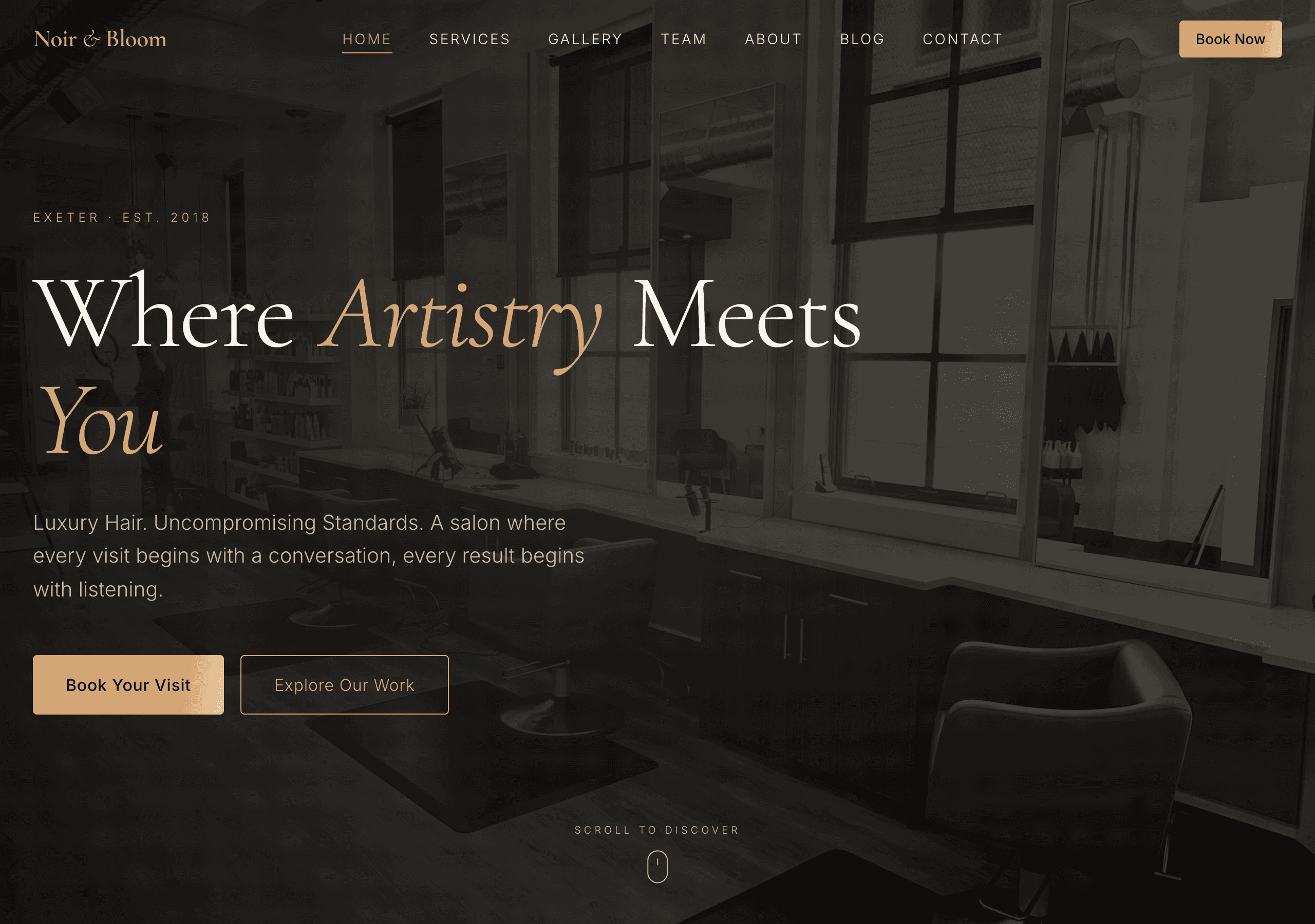 Noir & Bloom homepage — luxury hair salon site built by Meridian Digital