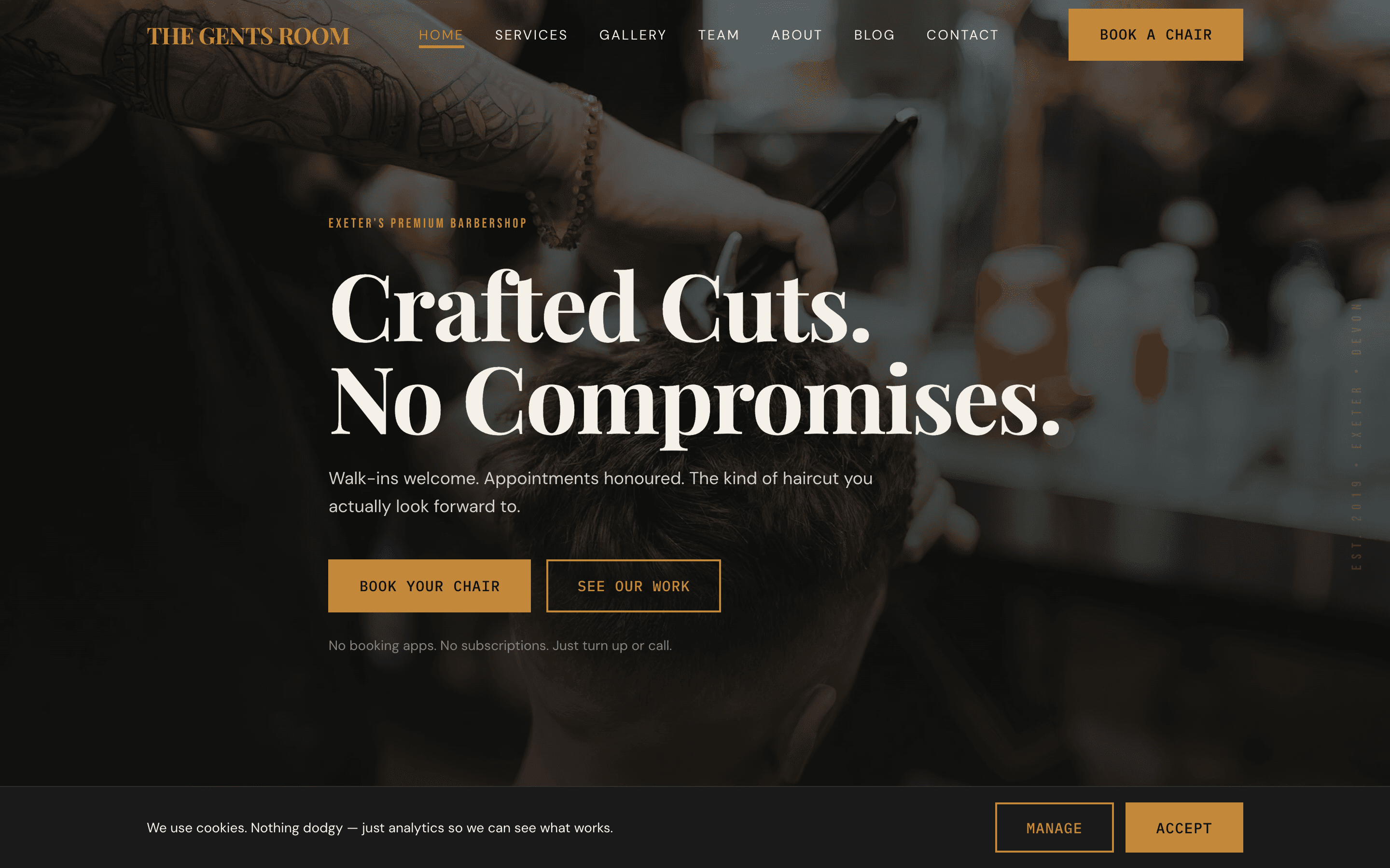 The Gents Room homepage — premium barbershop site built by Meridian Digital